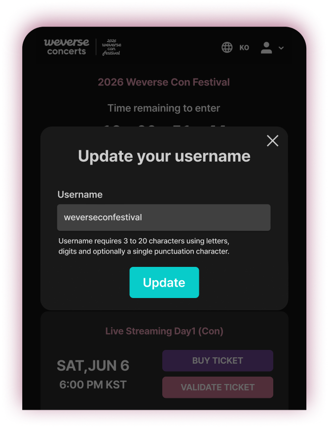 Streaming screen example for setting a nickname to chat during the concert